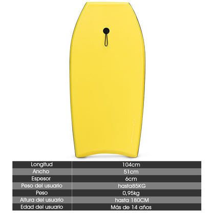 Bodyboard Tabla De Surf Con Núcleo En EPS Superficie XPE Base En HDPE Ligero Con Correa Para Deportes Acuáticos Amarillo 104 X 51 Cm