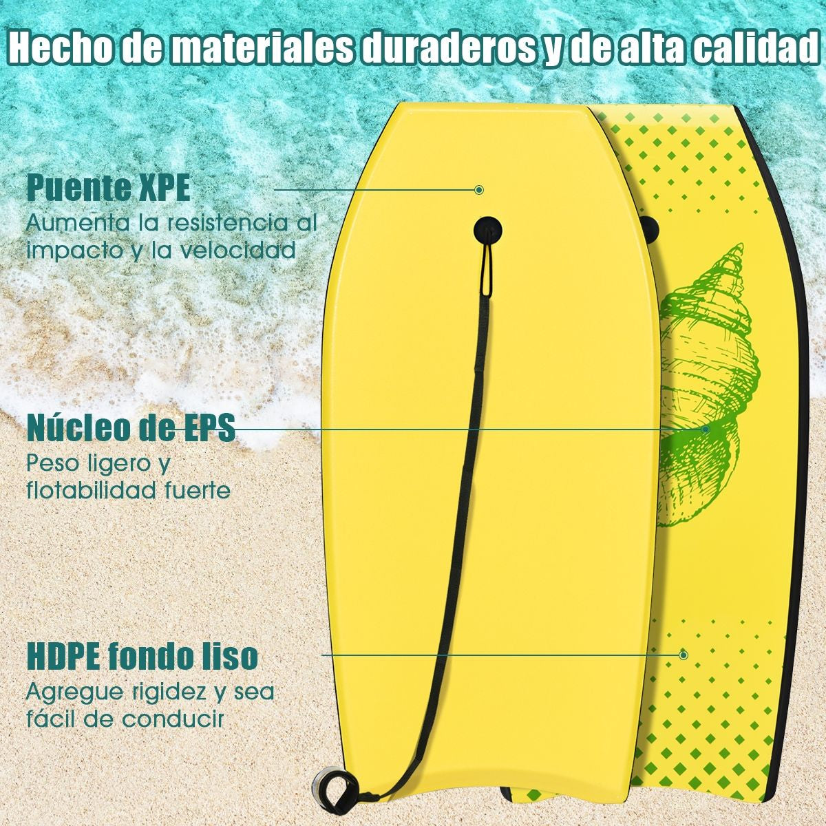 Bodyboard Tabla De Surf Con Núcleo En EPS Superficie XPE Base En HDPE Ligero Con Correa Para Deportes Acuáticos Amarillo 104 X 51 Cm