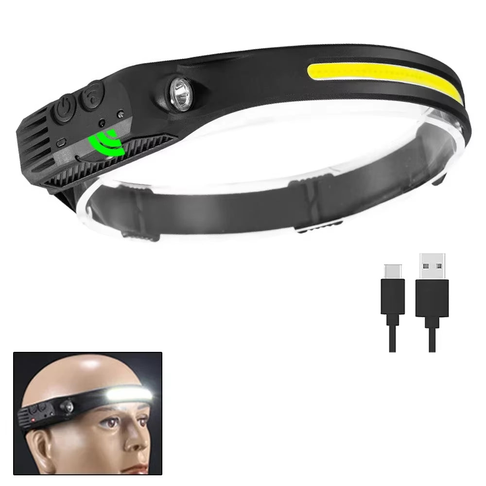 Sensor Headlamp COB LED Head Lamp Flashlight USB Rechargeable Head Torch 5 Lighting Modes Head Light with Built-In Battery