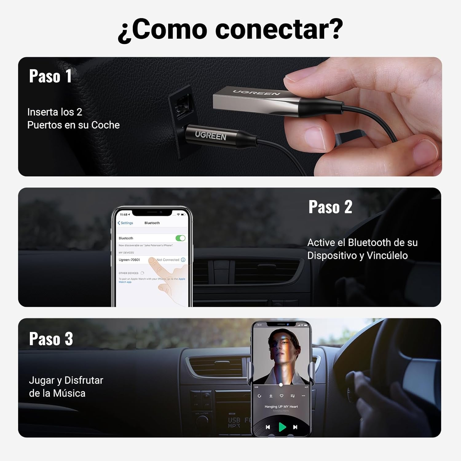 UGREEN Receptor Bluetooth 5.3 Adaptador Jack 3.5Mm Aux Auxiliar Conector Audio Coche Manos Libres, Gris Oscuro