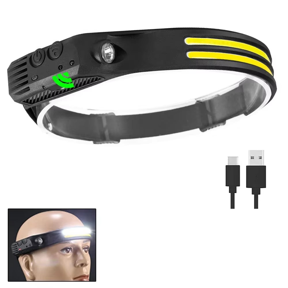 Sensor Headlamp COB LED Head Lamp Flashlight USB Rechargeable Head Torch 5 Lighting Modes Head Light with Built-In Battery